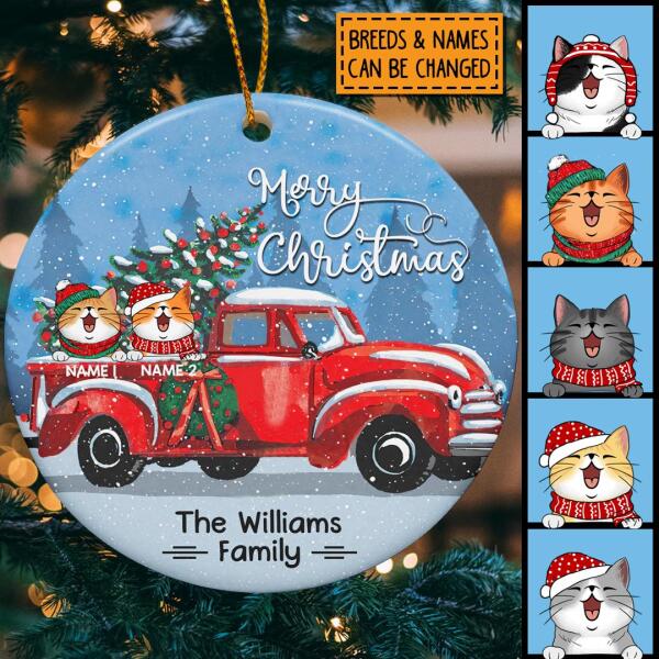 Merry Xmas From Family Red Truck Circle Ceramic Ornament - Personalized Cat Lovers Decorative Christmas Ornament