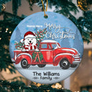 Merry Xmas From Family Red Truck Circle Ceramic Ornament - Personalized Dog Lovers Decorative Christmas Ornament