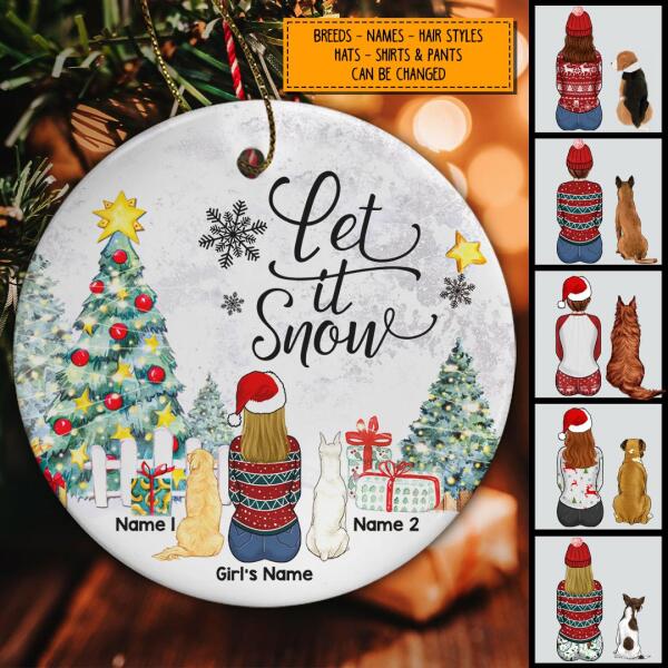 Let It Snow Girl & Dogs Circle Ceramic Ornament - Personalized Dog Lovers Decorative Christmas Ornament