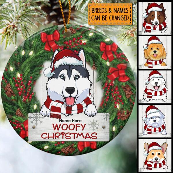 Personalised Woofy Xmas Wreath Around Circle Ceramic Ornament - Personalized Dog Lovers Decorative Christmas Ornament