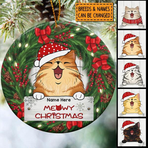 Personalised Meowy Xmas Wreath Around Circle Ceramic Ornament - Personalized Cat Lovers Decorative Christmas Ornament