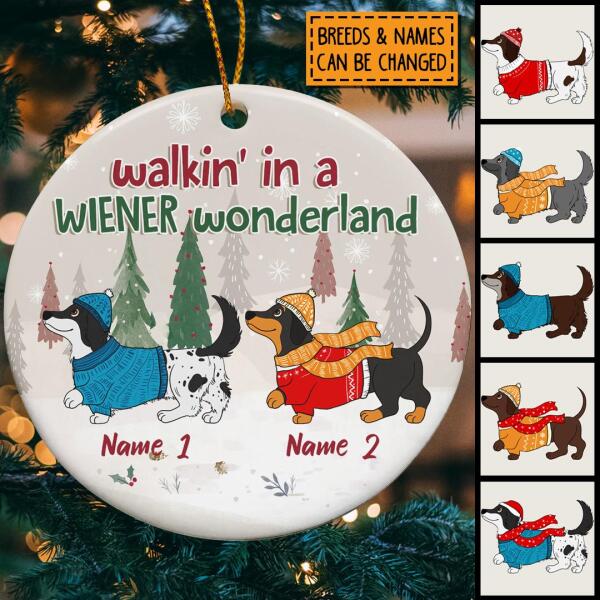 Walkin' In A Wiener Wonderland Grey Circle Ceramic Ornament - Personalized Dog Lovers Decorative Christmas Ornament