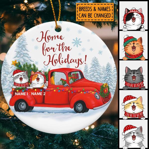 Home For The Holidays Red Truck Circle Ceramic Ornament - Personalized Cat Lovers Decorative Christmas Ornament