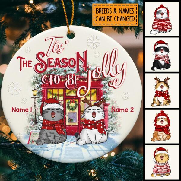Tis The Season To Be Jolly Red Store Circle Ceramic Ornament - Personalized Cat Lovers Decorative Christmas Ornament