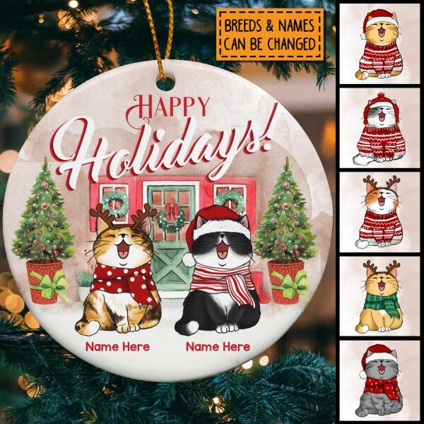 Personalised Happy Holidays Nudetone Circle Ceramic Ornament - Personalized Cat Lovers Decorative Christmas Ornament
