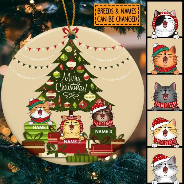 Personalised Merry Xmas Cat On Gift Box Circle Ceramic Ornament - Personalized Cat Lovers Decorative Christmas Ornament