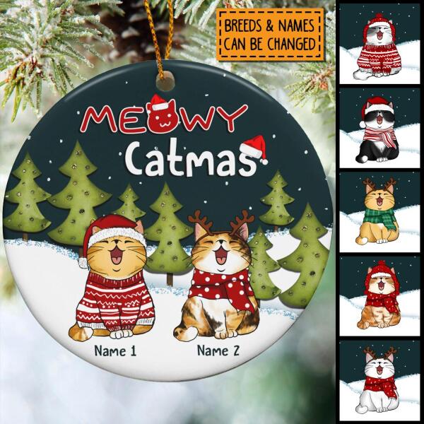 Personalised Meowy Catmas Dark Green Circle Ceramic Ornament - Personalized Cat Lovers Decorative Christmas Ornament