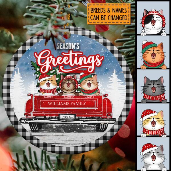 Season's Greeting Black Plaid Around Circle Ceramic Ornament - Personalized Cat Lovers Decorative Christmas Ornament