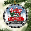 Season's Greeting Black Plaid Around Circle Ceramic Ornament - Personalized Cat Lovers Decorative Christmas Ornament