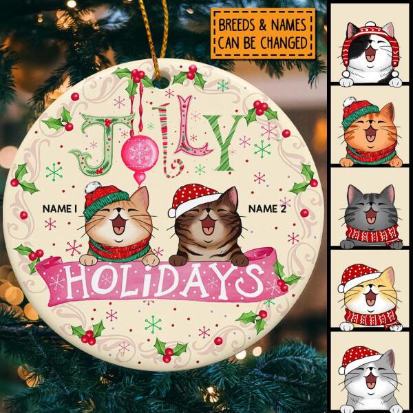 Jolly Holidays Pink Banner Beige Color Circle Ceramic Ornament - Personalized Cat Lovers Decorative Christmas Ornament