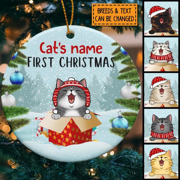 First Christmas Cat In The Gift Box Circle Ceramic Ornament - Personalized Cat Lovers Decorative Christmas Ornament