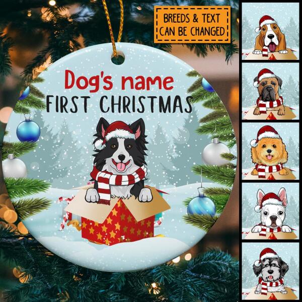 First Christmas Dog In The Gift Box Circle Ceramic Ornament - Personalized Dog Lovers Decorative Christmas Ornament