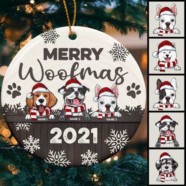 Merry Woofmas Brown Wooden Circle Ceramic Ornament - Personalized Dog Lovers Decorative Christmas Ornament