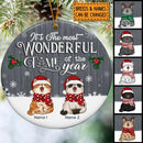Most Wonderful Time Grey Wooden Circle Ceramic Ornament - Personalized Cat Lovers Decorative Christmas Ornament