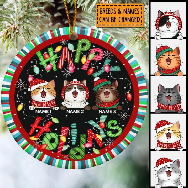 Happy Holidays Colorful Stripes Around Circle Ceramic Ornament - Personalized Cat Lovers Decorative Christmas Ornament