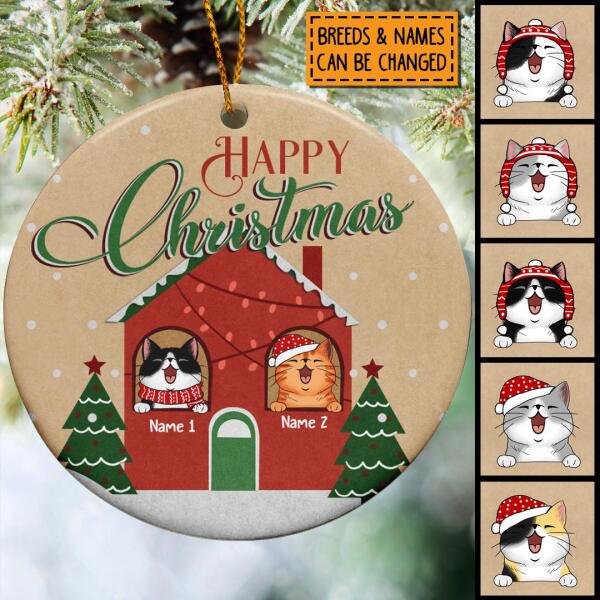 Personalised Happy Xmas Red House Circle Ceramic Ornament - Personalized Cat Lovers Decorative Christmas Ornament