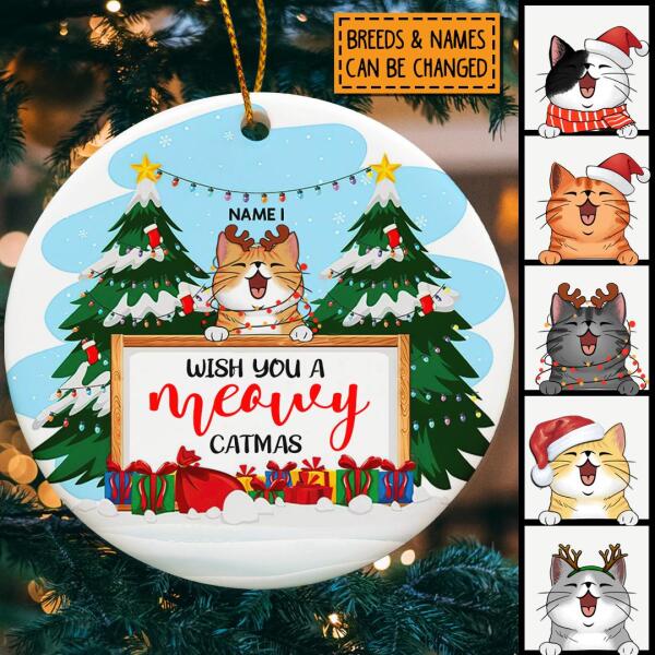 Wish You A Meowy Catmas Two Pine Trees Circle Ceramic Ornament - Personalized Cat Lovers Decorative Christmas Ornament