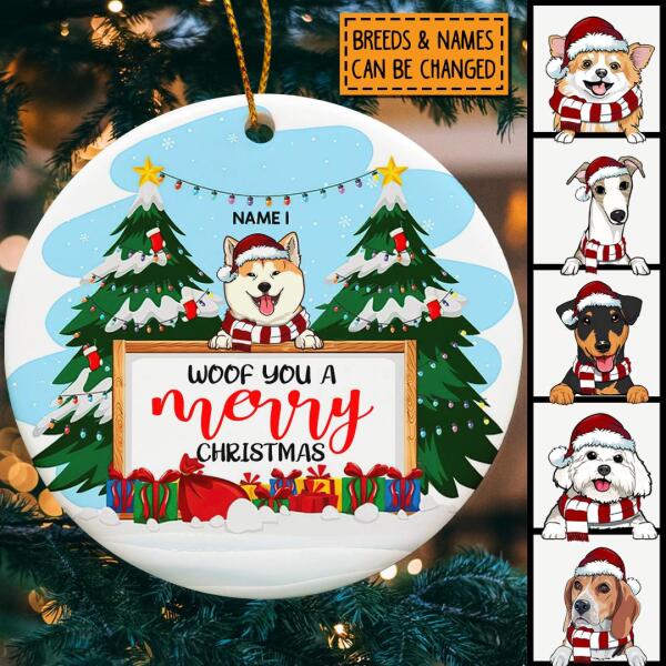 Woof You A Merry Xmas Two Pine Trees Circle Ceramic Ornament - Personalized Dog Lovers Decorative Christmas Ornament