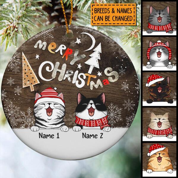 Personalised Merry Xmas Brown Wooden Circle Ceramic Ornament - Personalized Cat Lovers Decorative Christmas Ornament