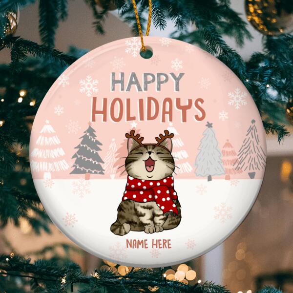 Personalised Happy Holidays Pastel Pink Circle Ceramic Ornament - Personalized Cat Lovers Decorative Christmas Ornament