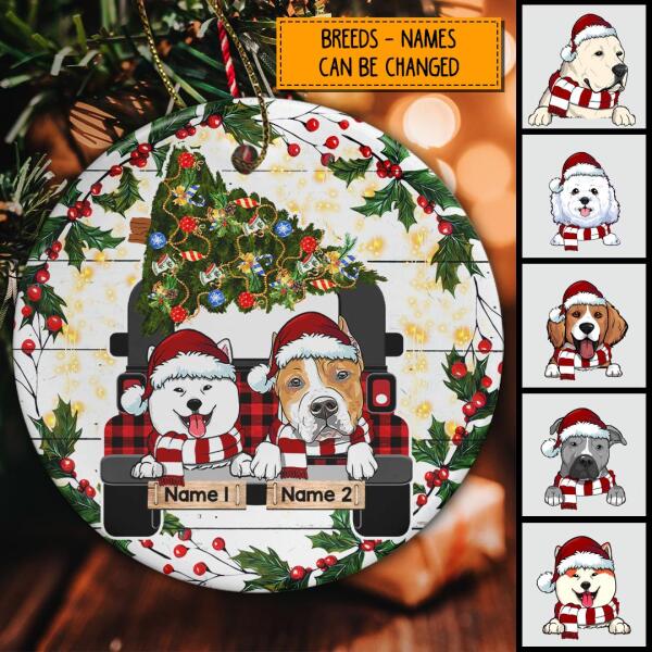 Dogs On Truck Xmas Berries Around Circle Ceramic Ornament - Personalized Dog Lovers Decorative Christmas Ornament