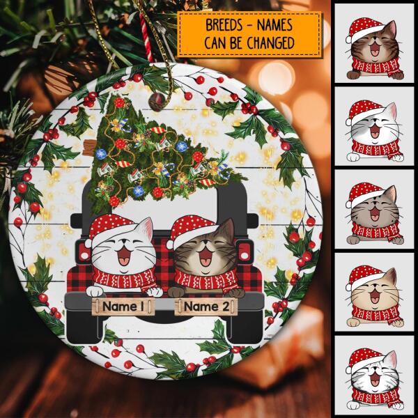 Cats On Truck Xmas Berries Around Circle Ceramic Ornament - Personalized Cat Lovers Decorative Christmas Ornament