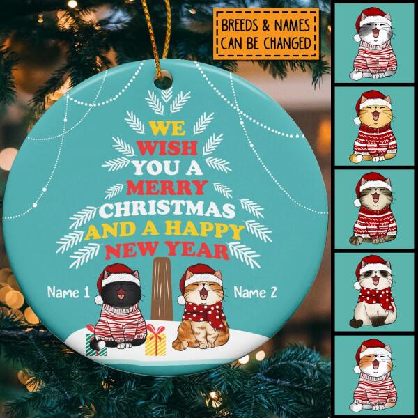 Wish You A Merry Xmas And Happy New Year Circle Ceramic Ornament - Personalized Cat Lovers Decorative Christmas Ornament