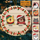 Personalised Cats On Pale Wooden Circle Ceramic Ornament - Personalized Cat Lovers Decorative Christmas Ornament