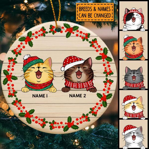 Personalised Cats On Pale Wooden Circle Ceramic Ornament - Personalized Cat Lovers Decorative Christmas Ornament