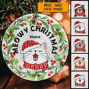 Meowy Xmas Berries Around White Marble Circle Ceramic Ornament - Personalized Cat Lovers Decorative Christmas Ornament