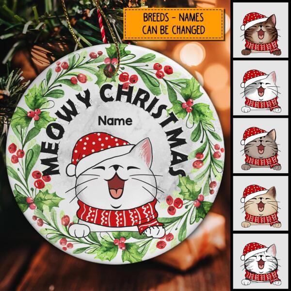 Meowy Xmas Berries Around White Marble Circle Ceramic Ornament - Personalized Cat Lovers Decorative Christmas Ornament