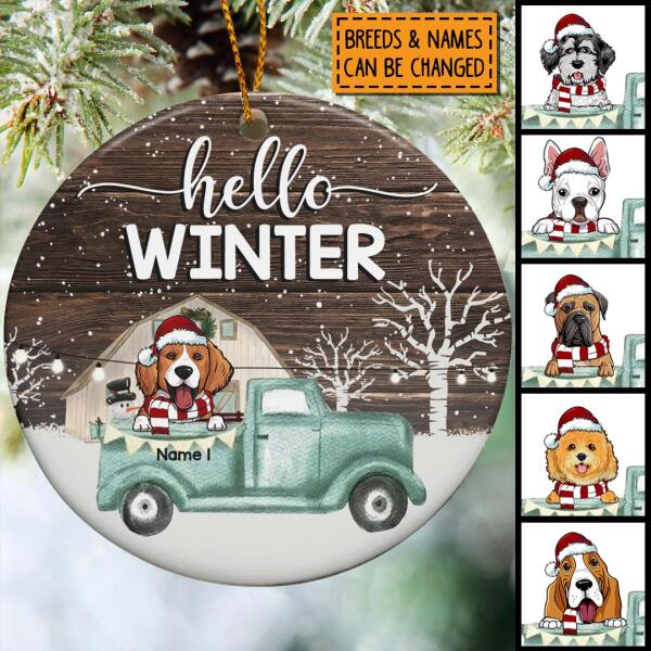 Hello Winter Mint Truck Brown Wooden Circle Ceramic Ornament - Personalized Dog Lovers Decorative Christmas Ornament