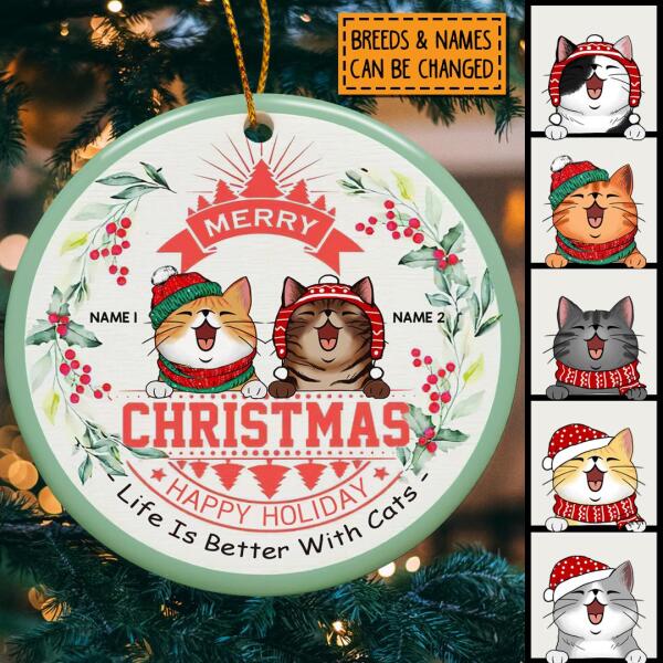 Merry Xmas Happy Holiday Mint Around Circle Ceramic Ornament - Personalized Cat Lovers Decorative Christmas Ornament