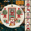 Personalised Xmas Green Door Red Windows Circle Ceramic Ornament - Personalized Cat Lovers Decorative Christmas Ornament
