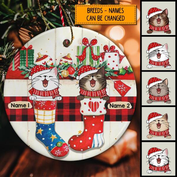 Cats In Xmas Stocking And Xmas Gifts Circle Ceramic Ornament - Personalized Cat Lovers Decorative Christmas Ornament
