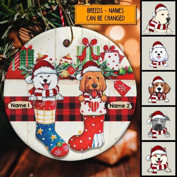 Dogs In Xmas Stocking And Xmas Gifts Circle Ceramic Ornament - Personalized Dog Lovers Decorative Christmas Ornament