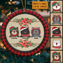 Cats On Pale Wooden Red Plaid Around Circle Ceramic Ornament - Personalized Cat Lovers Decorative Christmas Ornament
