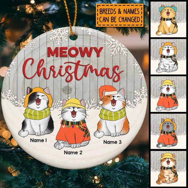 Meowy Christmas Light Gray Wooden Circle Ceramic Ornament - Personalized Cat Lovers Decorative Christmas Ornament