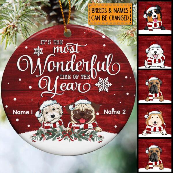 Most Wonderful Time Burgundy Wooden Circle Ceramic Ornament - Personalized Dog Lovers Decorative Christmas Ornament