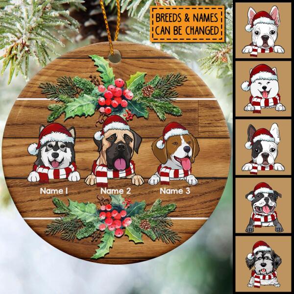 Personalised Dogs On Brown Wooden Circle Ceramic Ornament - Personalized Dog Lovers Decorative Christmas Ornament