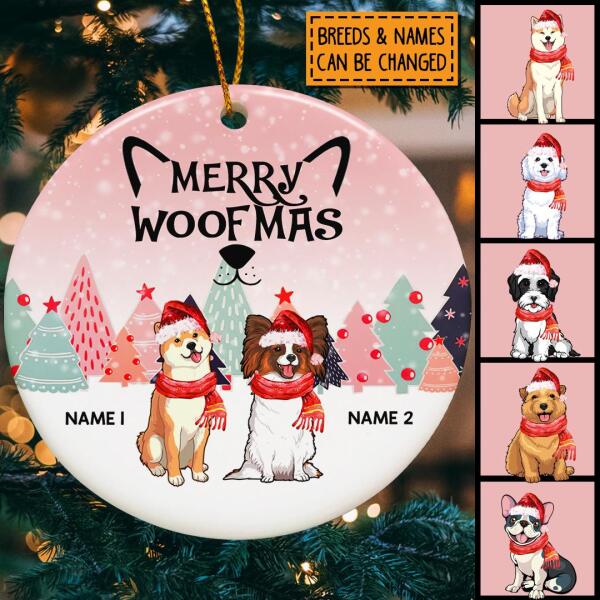 Personalised Merry Woofmas Pinktone Circle Ceramic Ornament - Personalized Dog Lovers Decorative Christmas Ornament