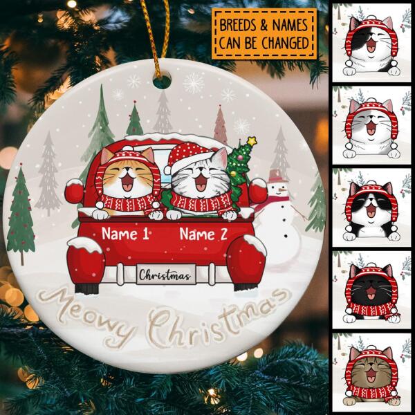 Personalised Meowy Christmas Red Truck Circle Ceramic Ornament - Personalized Cat Lovers Decorative Christmas Ornament