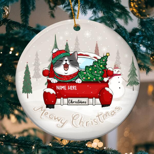 Personalised Meowy Christmas Red Truck Circle Ceramic Ornament - Personalized Cat Lovers Decorative Christmas Ornament