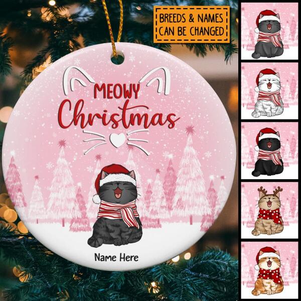 Meowy Christmas Pink Snow Circle Ceramic Ornament - Personalized Cat Lovers Decorative Christmas Ornament