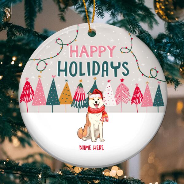 Happy Holidays Gray Sky With Snow Circle Ceramic Ornament - Personalized Dog Lovers Decorative Christmas Ornament