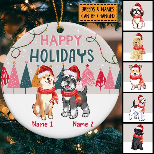 Happy Holidays Gray Sky With Snow Circle Ceramic Ornament - Personalized Dog Lovers Decorative Christmas Ornament