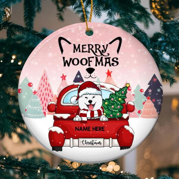 Merry Woofmas Red Truck Pink Sky Circle Ceramic Ornament - Personalized Dog Lovers Decorative Christmas Ornament