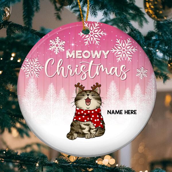 Meowy Christmas Faded Pink Wooden Circle Ceramic Ornament - Personalized Cat Lovers Decorative Christmas Ornament