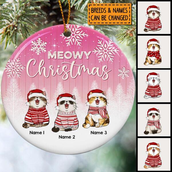 Meowy Christmas Faded Pink Wooden Circle Ceramic Ornament - Personalized Cat Lovers Decorative Christmas Ornament