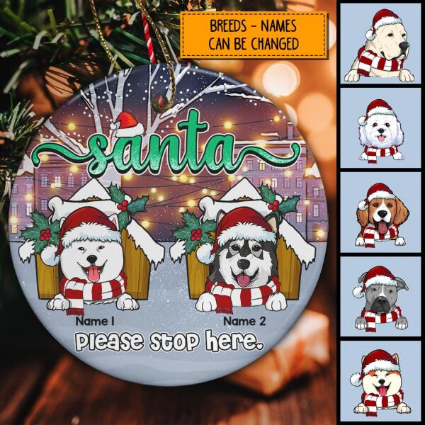 Santa Please Stop Here String Lights Circle Ceramic Ornament - Personalized Dog Lovers Decorative Christmas Ornament